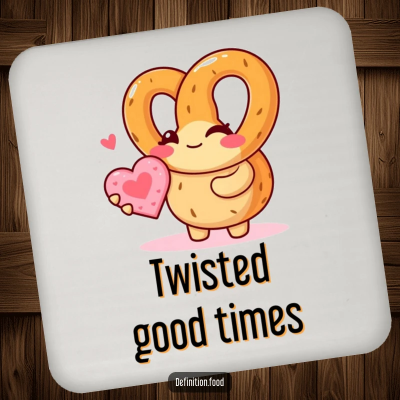 Funny pretzel character winks, offering a heart cookie on a drink coaster, protecting surfaces with a dash of humor.