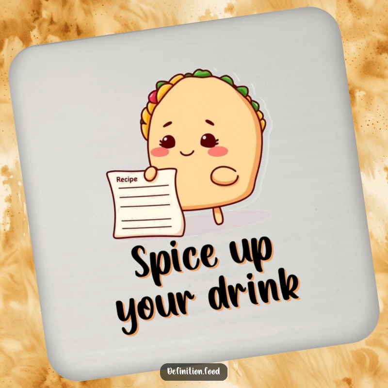 Funny taco chef drink coaster, featuring a smiling taco character thoughtfully considering a recipe card, protecting surfaces.