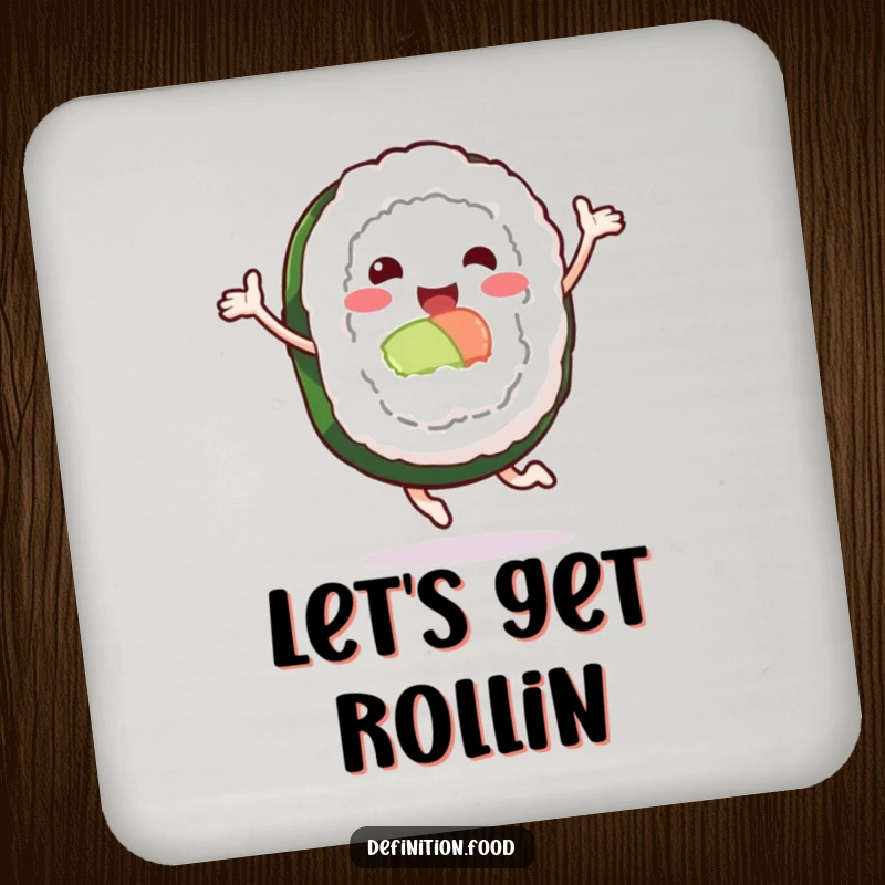 Funny coaster set with leaping sushi roll characters, offering humorous protection for surfaces with a Japanese food theme.