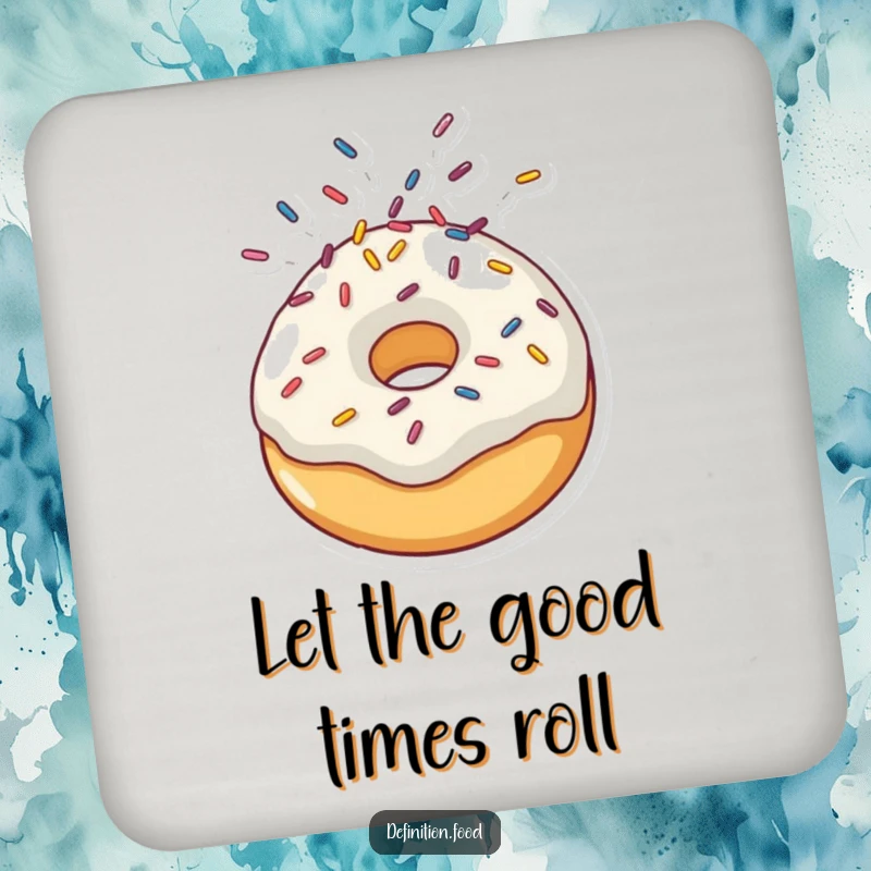 Funny drink coaster showing a doughnut character letting loose a vibrant shower of sprinkles, adding a fun element to any table setting.