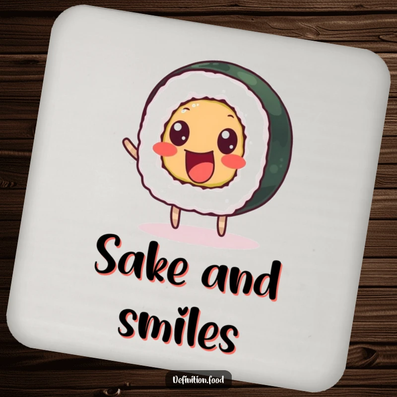 Funny coaster with a delighted sushi roll and beady eyes bouncing happily, protecting tabletops.