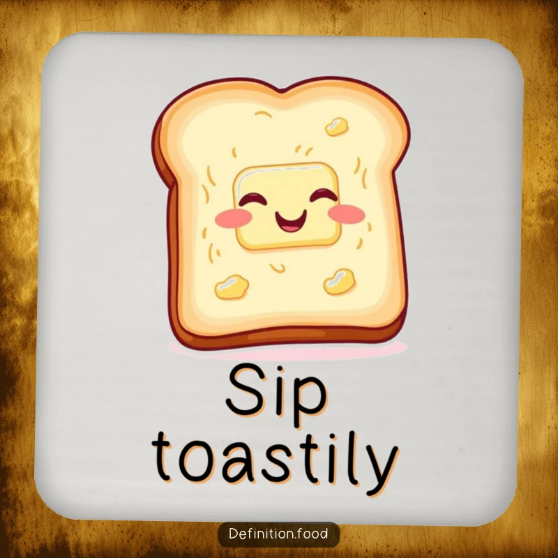 Set of funny toast and butter coasters, wiggling with glee, protecting surfaces with breakfast humor. Ideal funny gift.