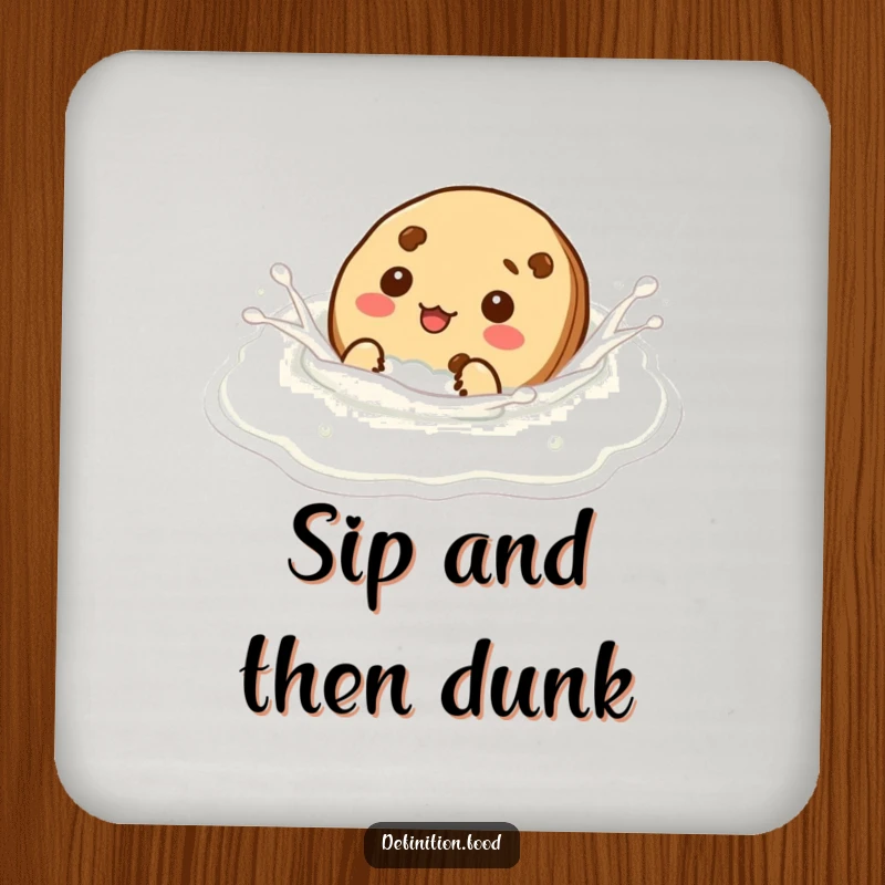 Funny cookie character comically swimming in milk, placed on a humorous drink coaster.