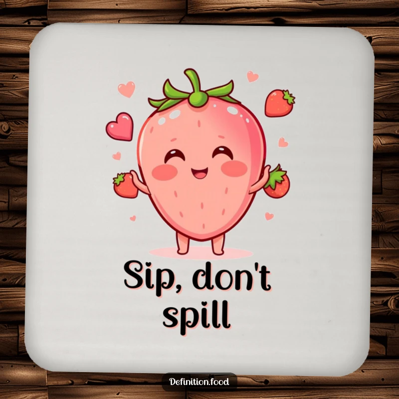 Funny blushing strawberry character juggling small food icons on protective drink coasters, adding humor to tables.