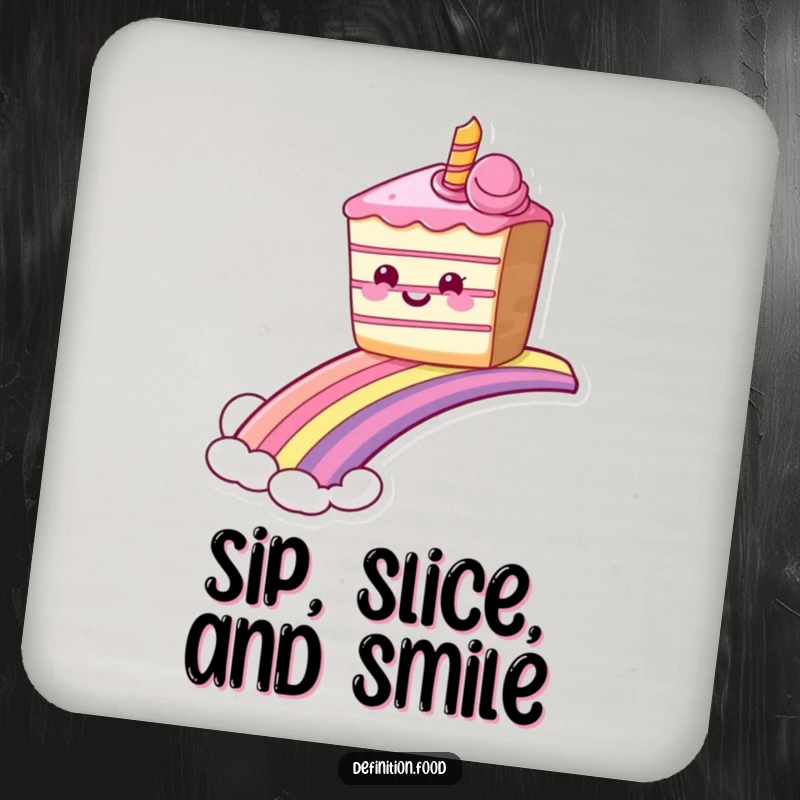Set of funny grinning cake coasters sliding down a rainbow, protecting surfaces with sweet, magical humor. Ideal funny gift.