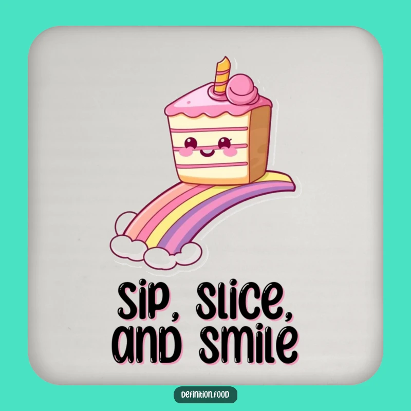 Set of Funny Grinning Cake Rainbow Coasters, Sweet Ride Drink Humor Gift