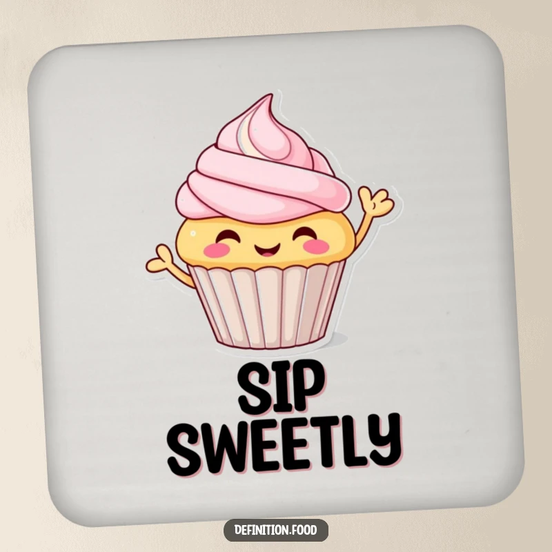 Funny cupcake drink coaster, a cheerful character waving hello, protecting furniture with style, a small funny gift.