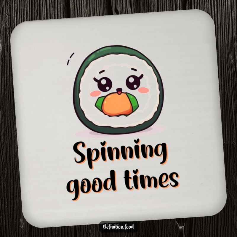 Funny cute sushi roll coaster showing a wide-eyed sushi roll spinning excitedly, ready to protect surfaces.