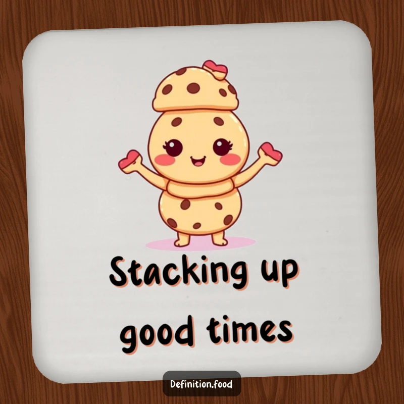 Funny coaster with a giggling cookie character balancing a stack of tiny pastries, protecting your surfaces with a smile.