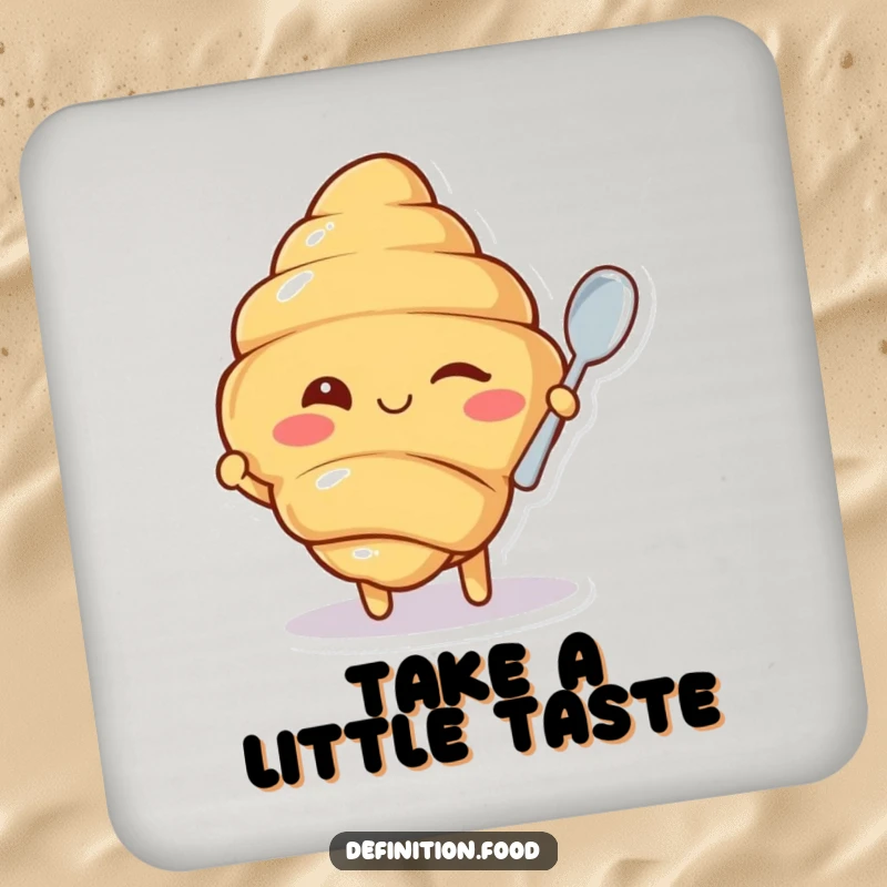 Funny drink coaster featuring a winking croissant character offering a tiny spoon, protecting surfaces with a dash of pastry-inspired charm.