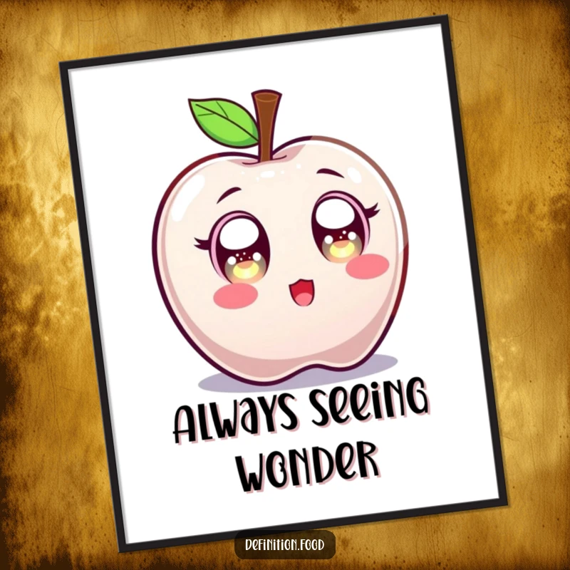 Funny poster of a candy apple character with wide, sparkling eyes, capturing a moment of pure, sweet shock.