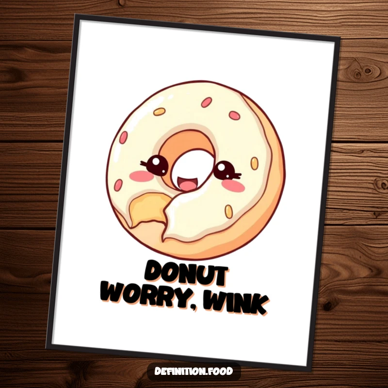 Funny poster featuring a happy donut with a bite taken out, winking at the viewer, perfect for decor.
