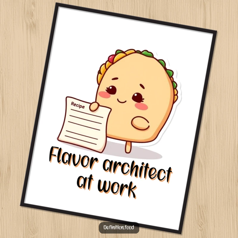 Funny taco chef poster, a smiling taco character engrossed in a recipe card, depicting culinary contemplation.
