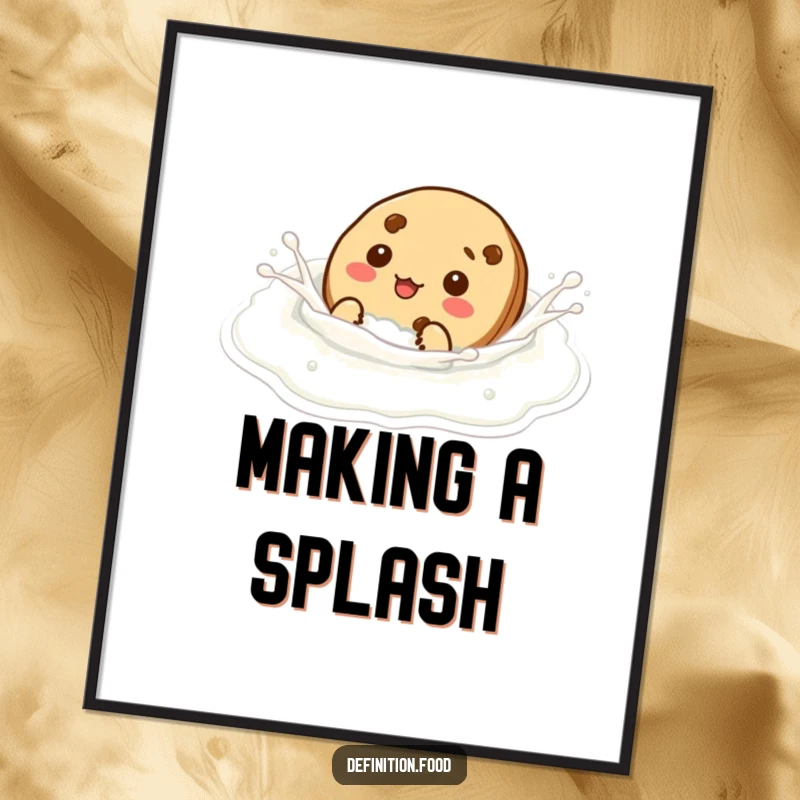 Funny cookie character playfully swimming in milk, presented as a humorous and amusing art print.