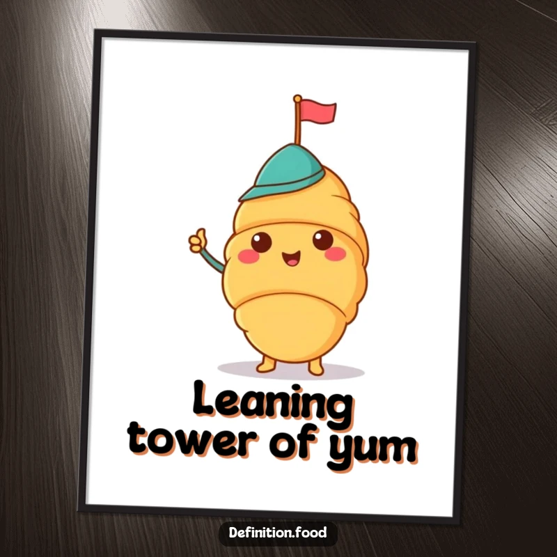 Funny poster featuring a cheerful croissant wearing a jaunty hat and waving a tiny flag, perfect for decor.