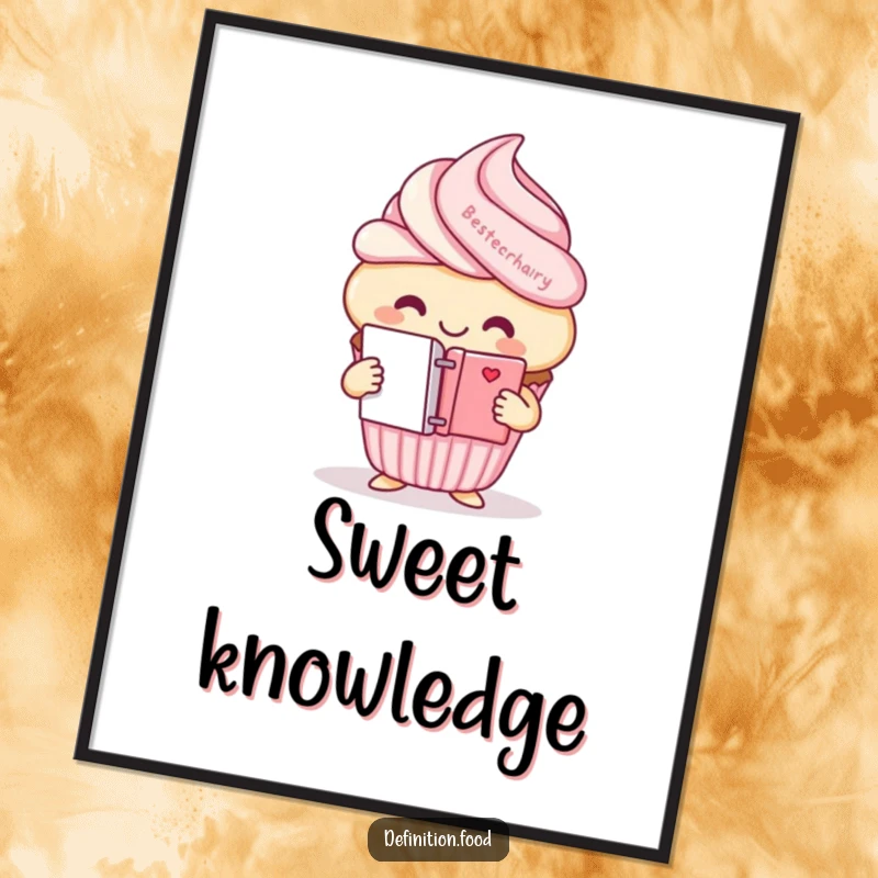 Funny smiling cupcake character poster, showcasing a mini dictionary, ideal for book-themed decor.