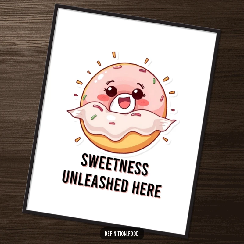 Funny happy donut character excitedly breaking free from its wrapper in a colorful poster, perfect for energetic wall decor.