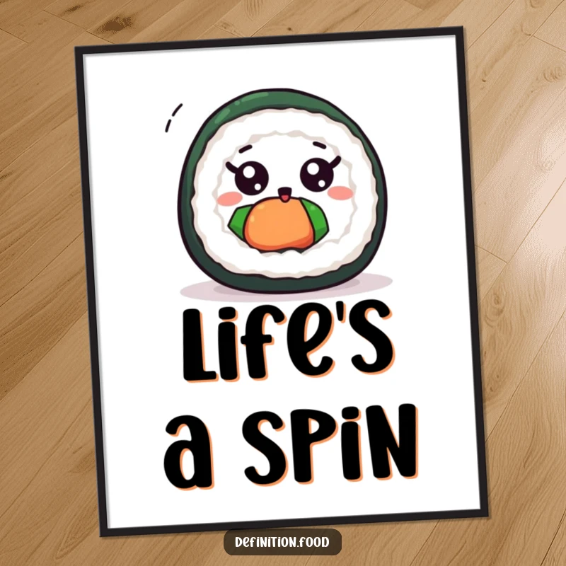 Funny cute sushi roll poster with wide eyes, depicted spinning excitedly, creating a sense of playful motion.