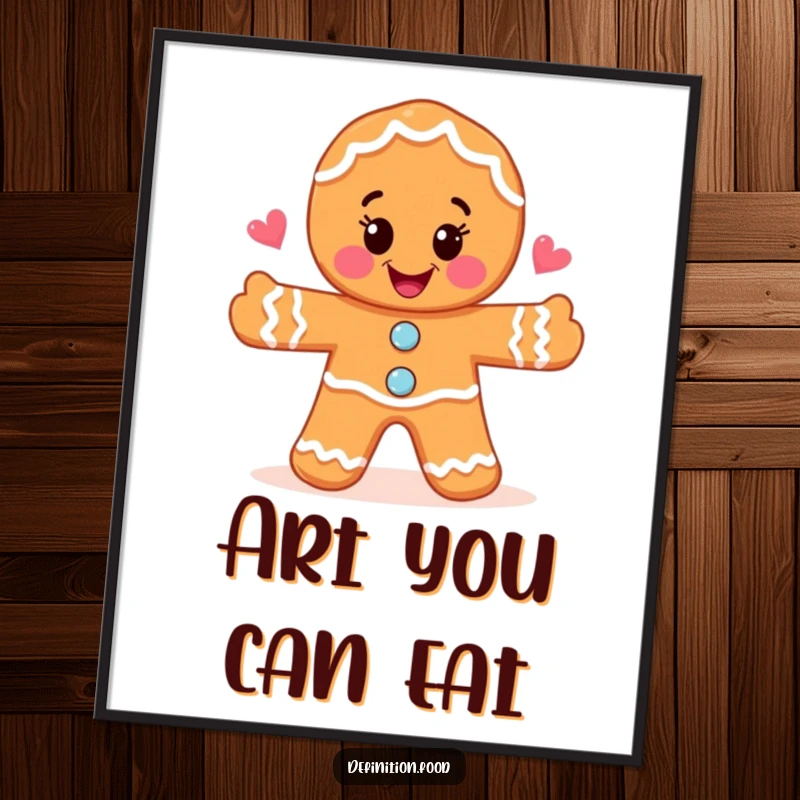 Funny joyful gingerbread man drawing a whimsical food illustration on a poster, perfect for kitchen or studio decor.