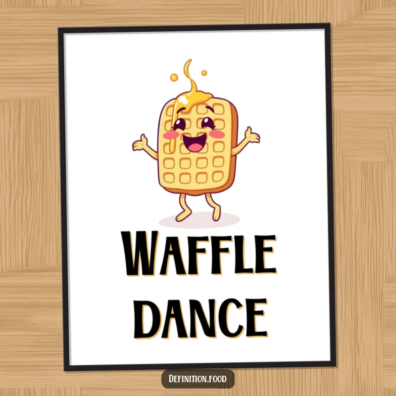 Funny waffle poster, a happy character doing a delighted jig, syrup dripping, vibrant art, funny gift.