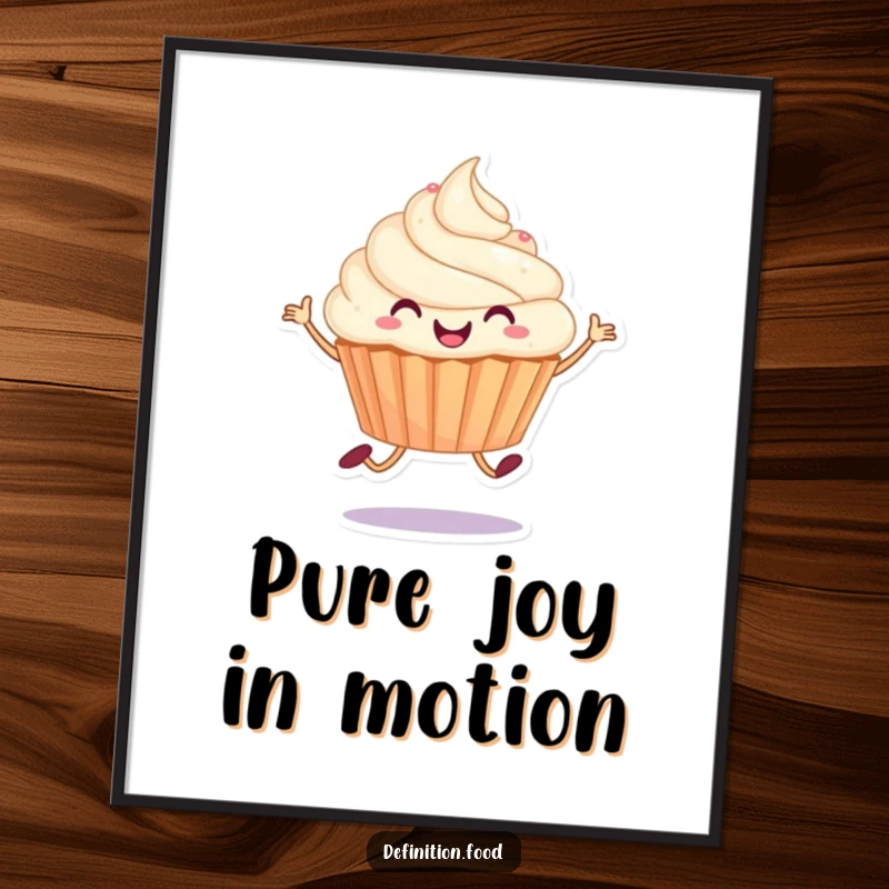 Funny poster illustrating a joyful cupcake character in mid-hop, expressing ultimate happiness and sweet, bubbly energy.