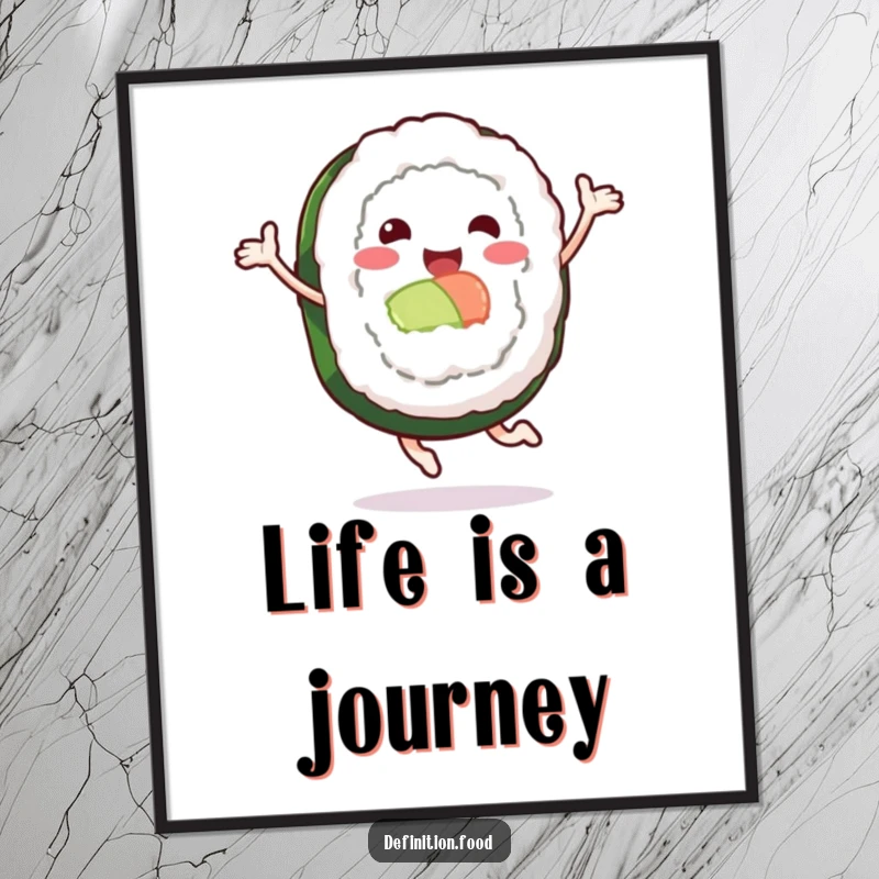 Funny poster art of a leaping sushi roll character, bringing energetic and humorous Japanese food-themed decor.