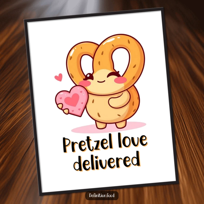 Funny pretzel character winks, offering a tiny heart cookie as a vibrant art print, adding humor and warmth to wall decor.