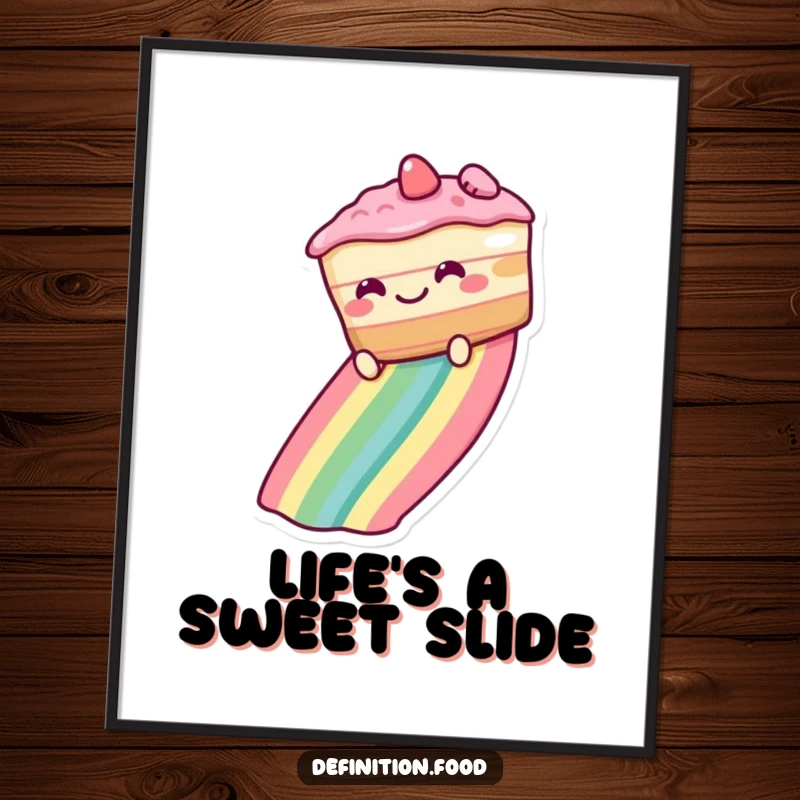 Funny Poster showcasing a grinning cake joyfully riding a rainbow, a whimsical and colorful art print adding humor to decor.