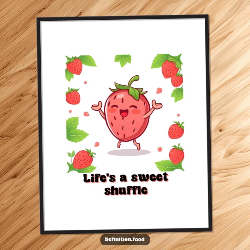 Funny joyous strawberry character doing a happy dance with leaves, presented as a vibrant and humorous art print.