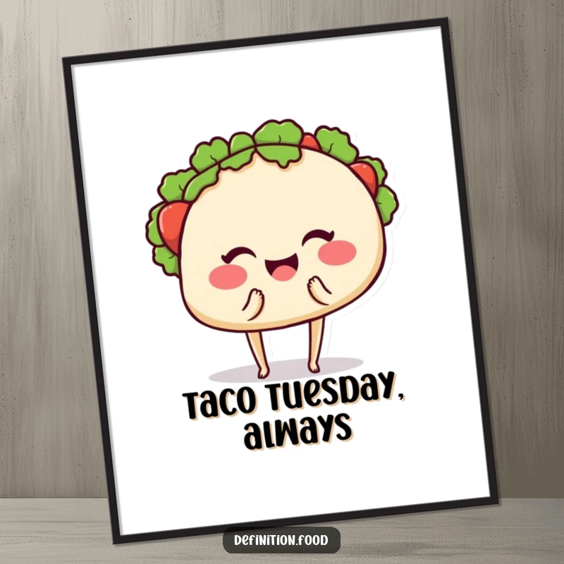 Funny poster art of a cheerful taco with small legs, winking and offering a bite, a playful and inviting illustration.