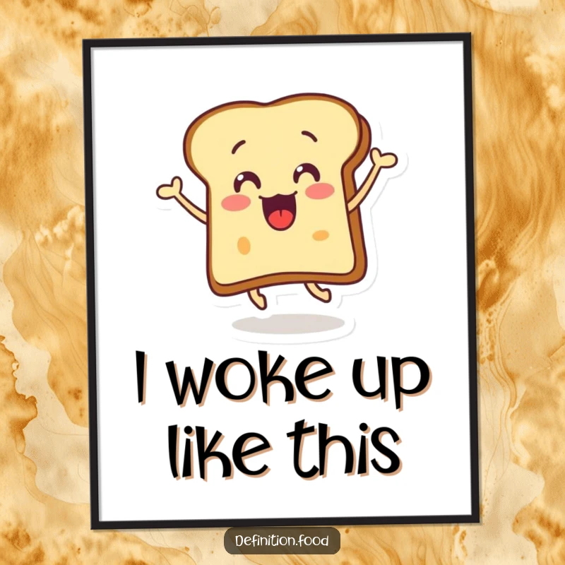 Funny surprised toast poster showcasing a smiling, buttered toast slice joyfully leaping across the frame.