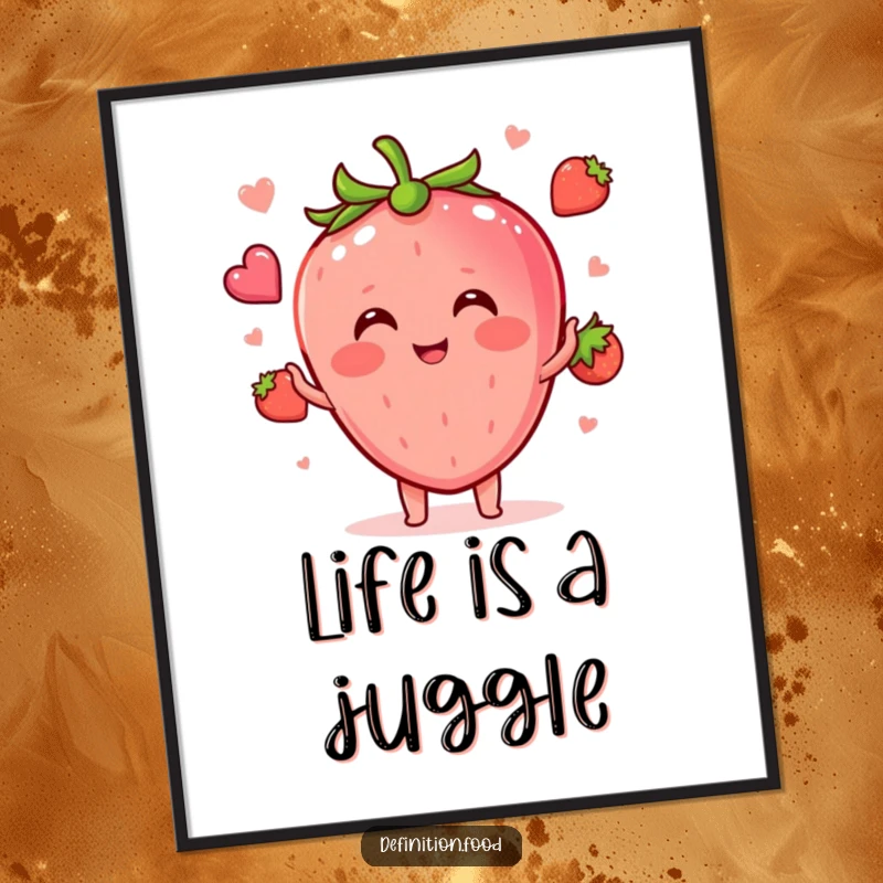 Funny blushing strawberry character juggling tiny concept food shapes, displayed as vibrant wall art for a humorous touch.