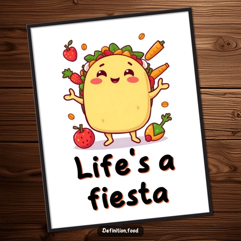 Funny poster art of a grinning juggling taco character, bringing lively and humorous Mexican food-themed decor.
