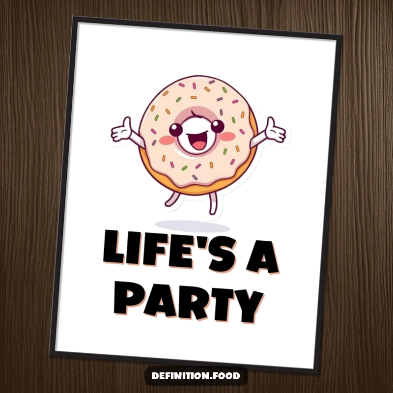 Funny poster art of a spinning, sprinkle-covered donut character, bringing a cheerful and delightful visual treat to any wall.