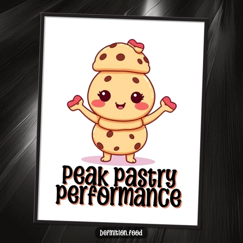 Funny poster showcasing a giggling cookie character with impressive balance, holding a tall stack of delicious tiny pastries, bringing smiles.