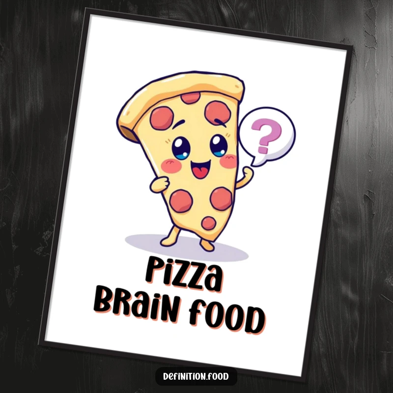Funny cheerful pizza slice character poster, with a quiz bubble, for trivia-themed wall art.