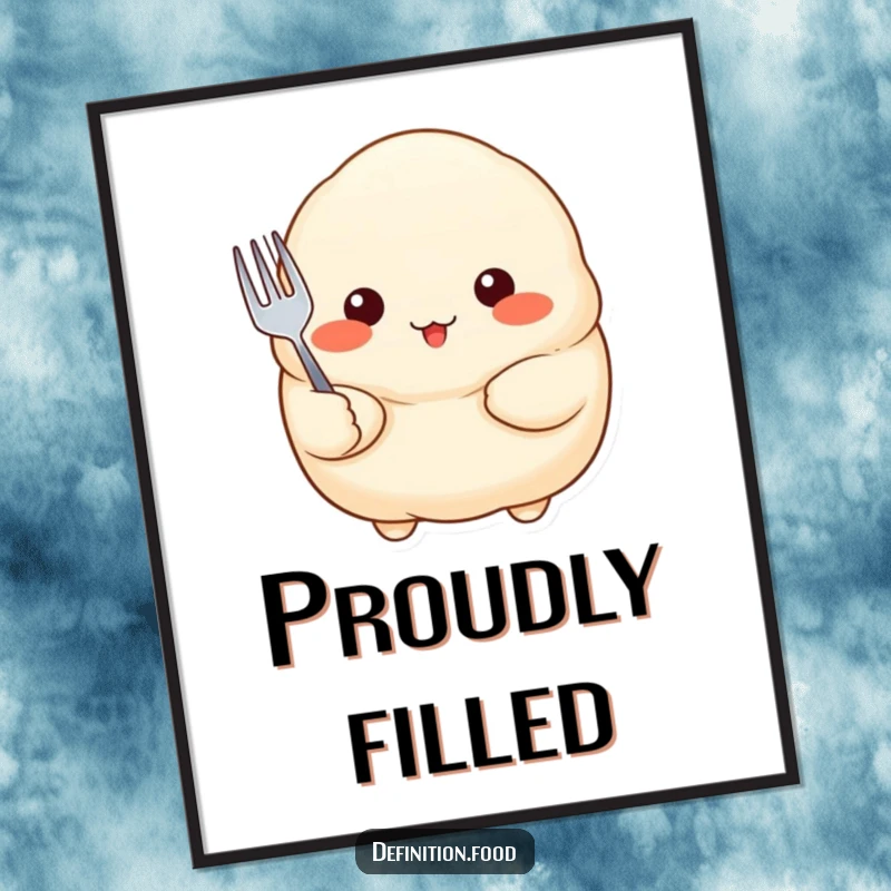 Funny Poster featuring a proud dumpling with rosy cheeks holding a tiny fork, an adorable and humorous piece of food art.
