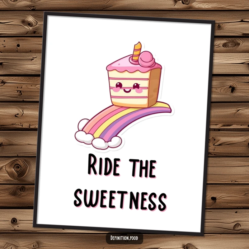 Funny grinning cake poster sliding down a rainbow, adding vibrant color and sweet humor to walls. Excellent funny gift.