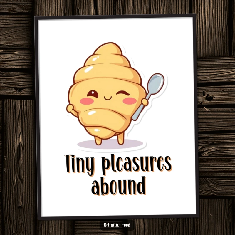 Funny poster art of a winking croissant character offering a tiny spoon, adding a cheerful and whimsical touch to wall decor.