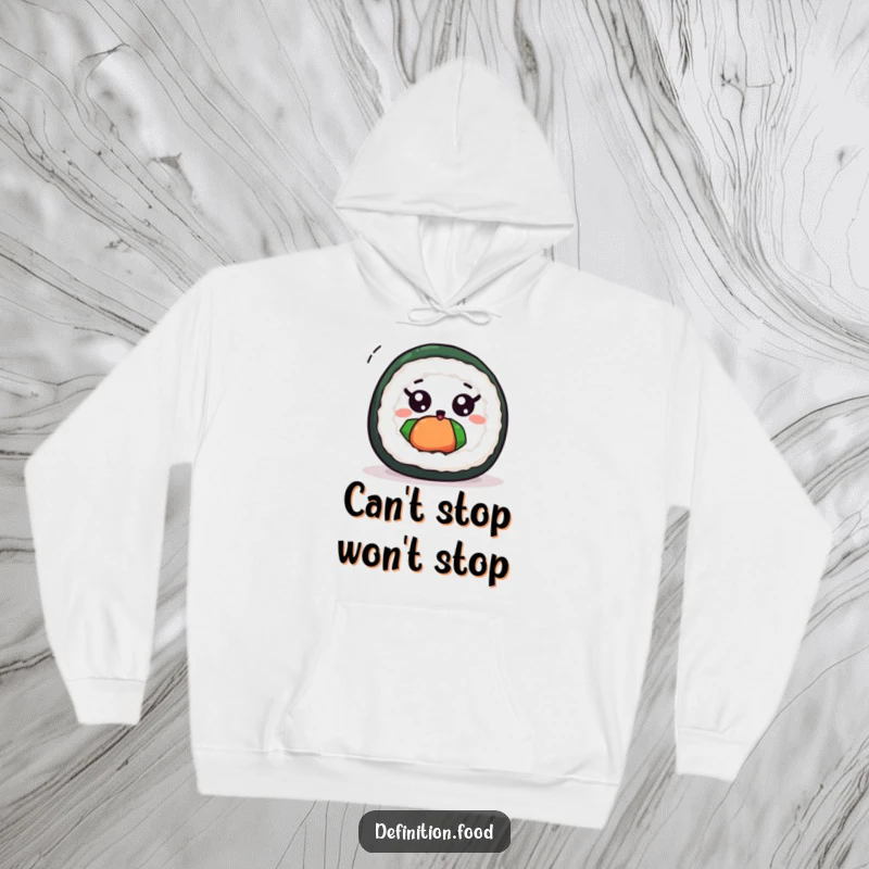 Funny cute sushi roll hoodie showing a wide-eyed sushi roll spinning with pure, unadulterated excitement.