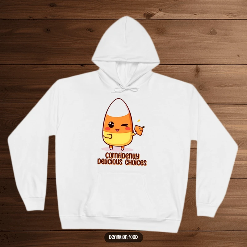 Funny candy corn character winking and pointing at a food icon on a cozy hoodie, perfect for playful comfort.