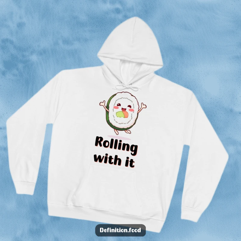 Funny hoodie with a leaping sushi roll character, offering warmth and a humorous, joyful design.