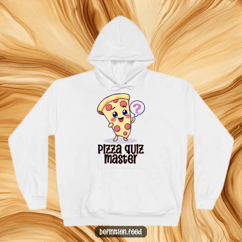 Funny cheerful pizza slice character hoodie, asking a quiz, perfect for cozy trivia.
