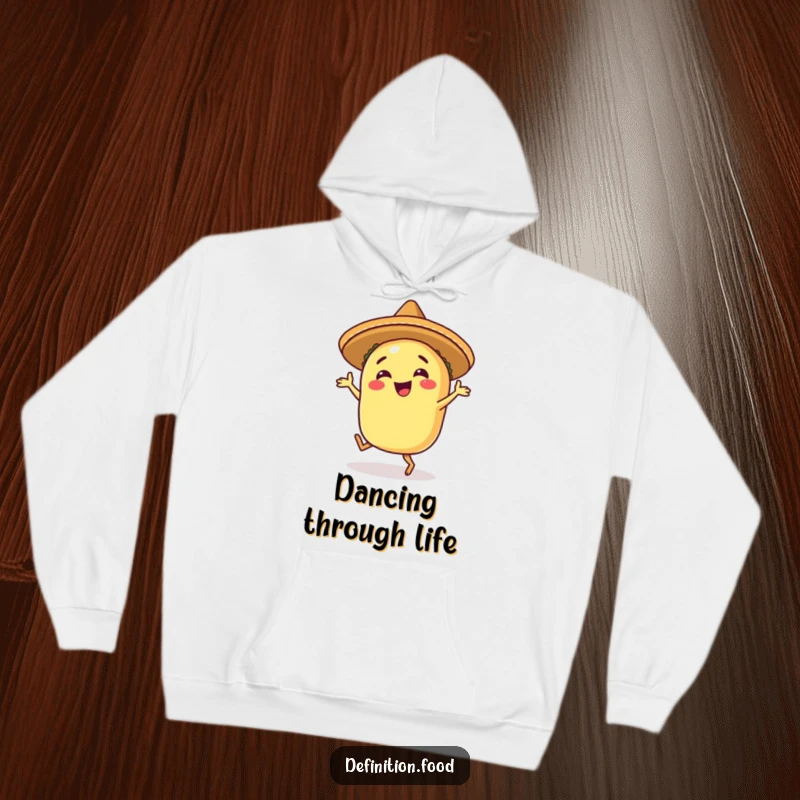Funny happy taco hoodie with a sombrero, captured mid-salsa dance with a beaming, joyful expression.