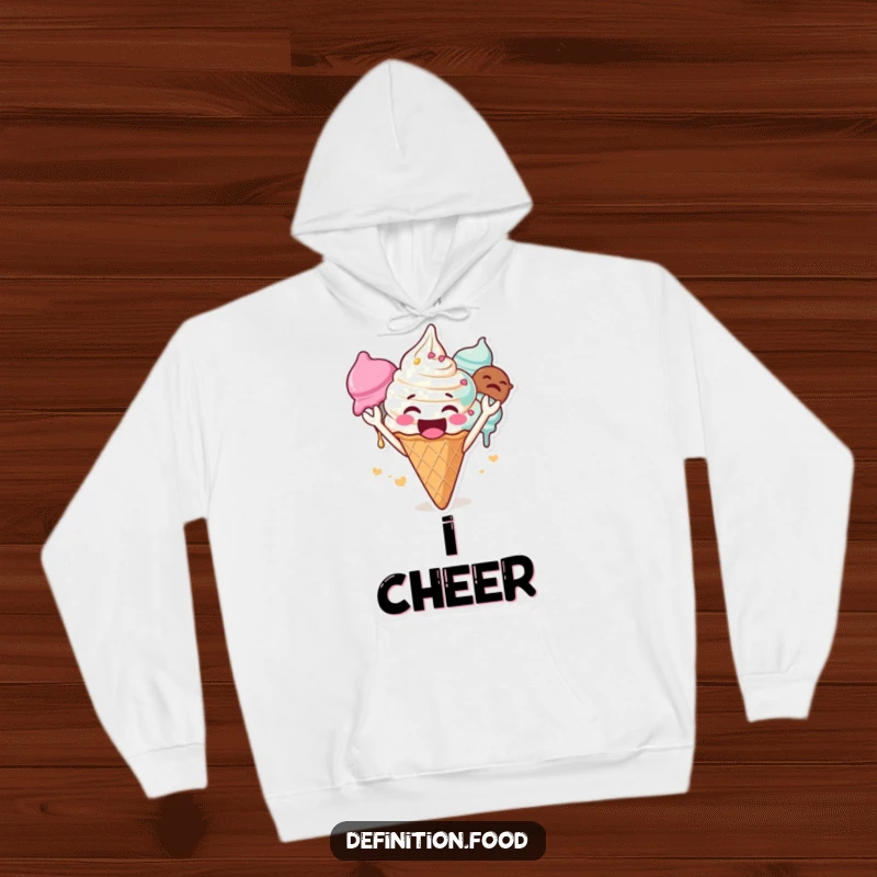 Funny ice cream hoodie, soft and warm, a gleeful character cheering loudly with multiple scoops, a cozy funny gift.