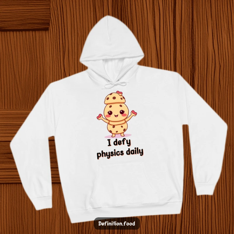 Funny hoodie with a happy cookie character joyfully balancing a stack of adorable tiny pastries, designed for ultimate comfort and humor.