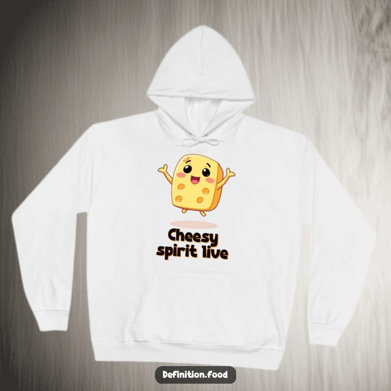 Funny animated cheese hoodie with a wide smile, captured in a joyful leap, perfect for cozying up.