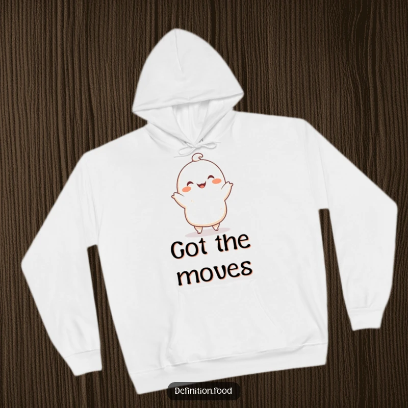 Funny hoodie with a smiling dumpling character doing a tiny dance, perfect for cozy comfort and a funny gift.
