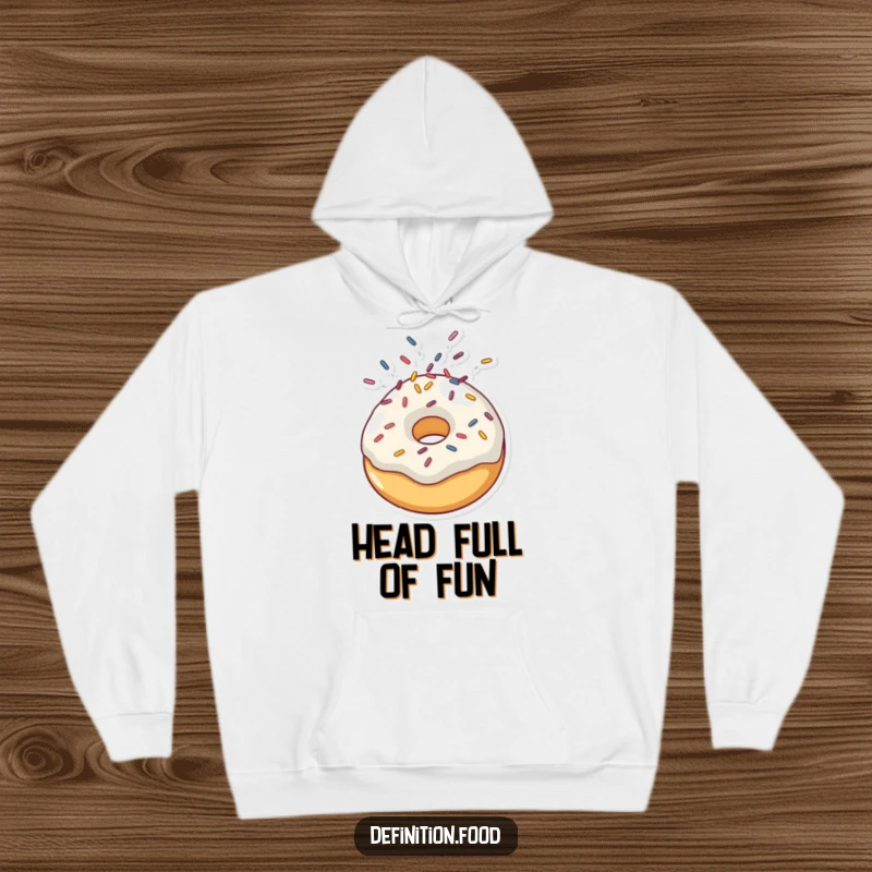 Funny hoodie featuring a cheerful doughnut character mid-sprinkle eruption, offering comfort and a touch of playful sweetness.
