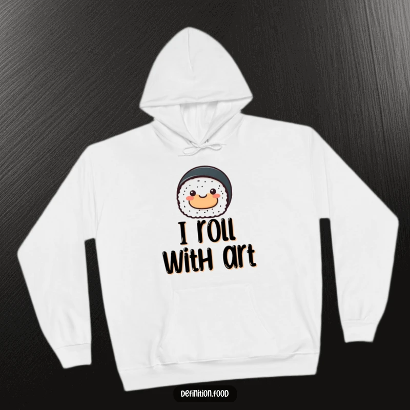 Funny sushi roll hoodie, a cheerful sushi character artfully presenting a tiny abstract food shape, comfortable and stylish.